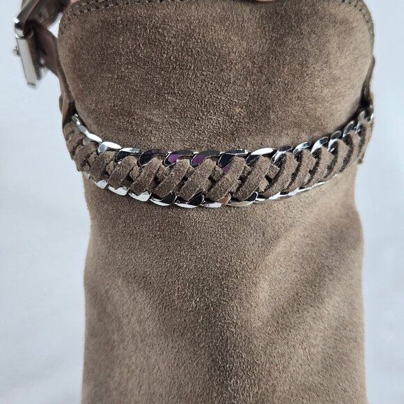 MICHAEL Michael Kors Size 8M Taupe Suede Leather Stiletto Peep Toe Booties Chain - Picture 6 of 16